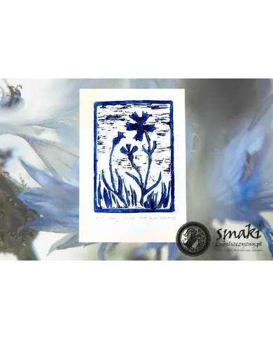 Kartka z chabrami bławatkami, limitowany linoryt